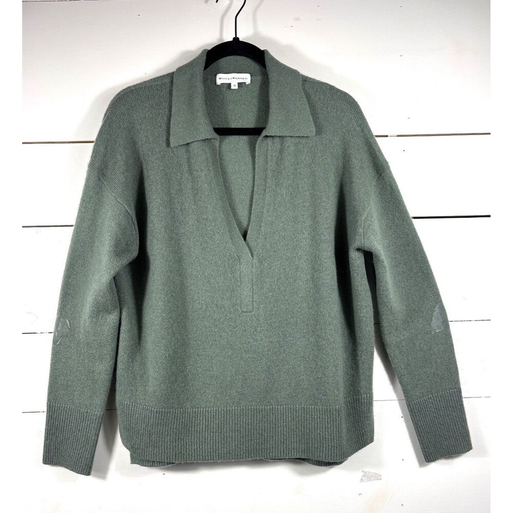 White + Warren Womens 100% Cashmere Collared V-Neck Sweater In Sage Green Size M